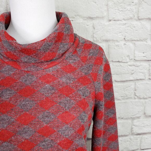 Vintage 70s KoKo Knits Red & Gray Diamond Check Cowl Neck Sweater Size S - Picture 4 of 10